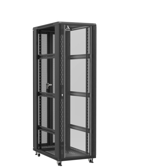 En kit - Baie serveur 42U 600x1000x2060mm (LxPxH) 800kg, Porte avant en verre / Porte arrière double nid d'abeille, Sans panneaux latéraux main product photo