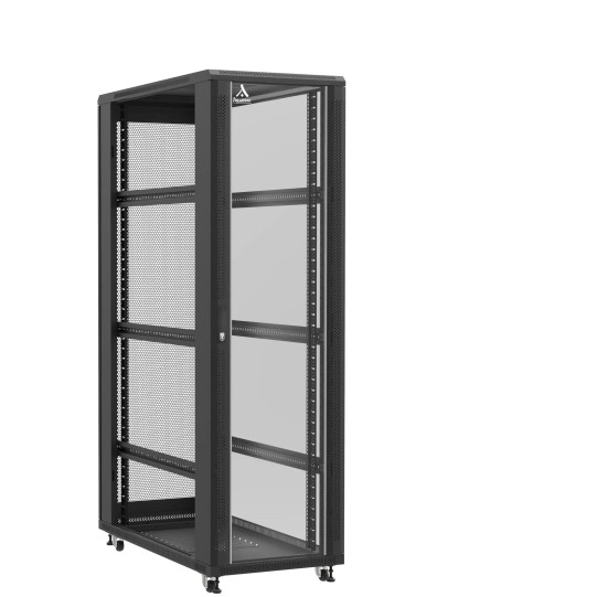 Baie serveur 42U 600x1200x2060mm (LxPxH) 800kg, Porte avant en verre / Porte arrière nid d'abeille, Sans panneaux latéraux main product photo