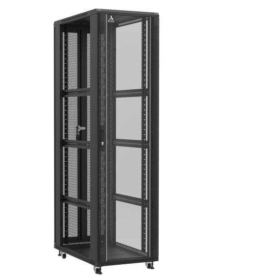 Baie serveur 47U 600x1000x2283mm (LxPxH) 800kg, Porte avant en verre / Porte arrière double nid d'abeille, Sans panneaux latéraux main product photo