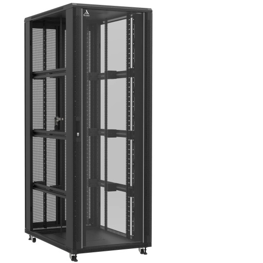 Baie serveur 47U 800x1200x2283mm (LxPxH) 800kg, Porte avant en verre / Porte arrière double nid d'abeille, Sans panneaux latéraux main product photo