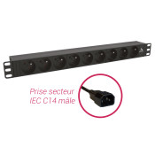 Bandeau PDU 19'' 1U, 9 prises FR sans interrupteur et prise secteur IEC C14 mâle
