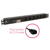 Bandeau PDU 19'' 1U, 6 prises FR avec disjoncteur 16A et différentiel 30mA et prise secteur IEC C14 mâle