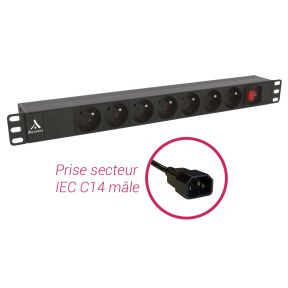 Bandeau PDU 19'' 1U, 7 prises FR avec interrupteur lumineux et prise  secteur IEC C14 mâle